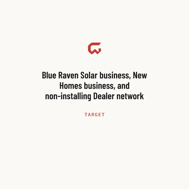 Target: Blue Raven Solar business, New Homes business, and non-installing Dealer network