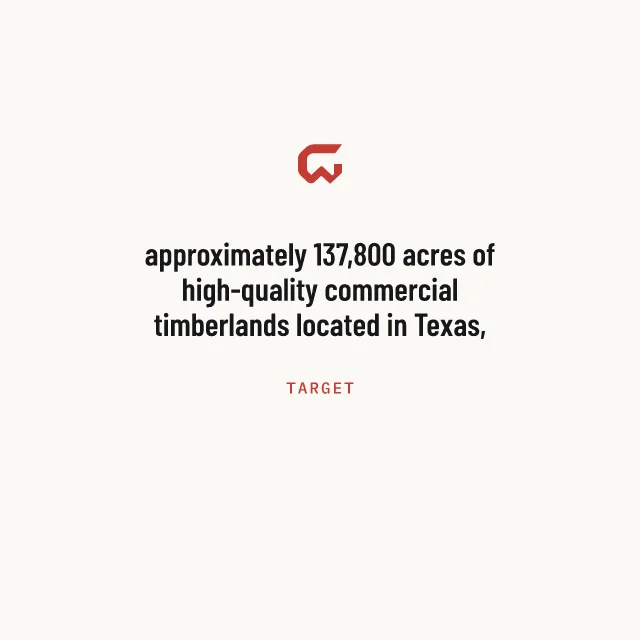 Target: approximately 137,800 acres of high-quality commercial timberlands located in Texas, Georgia, Alabama, and Louisiana
